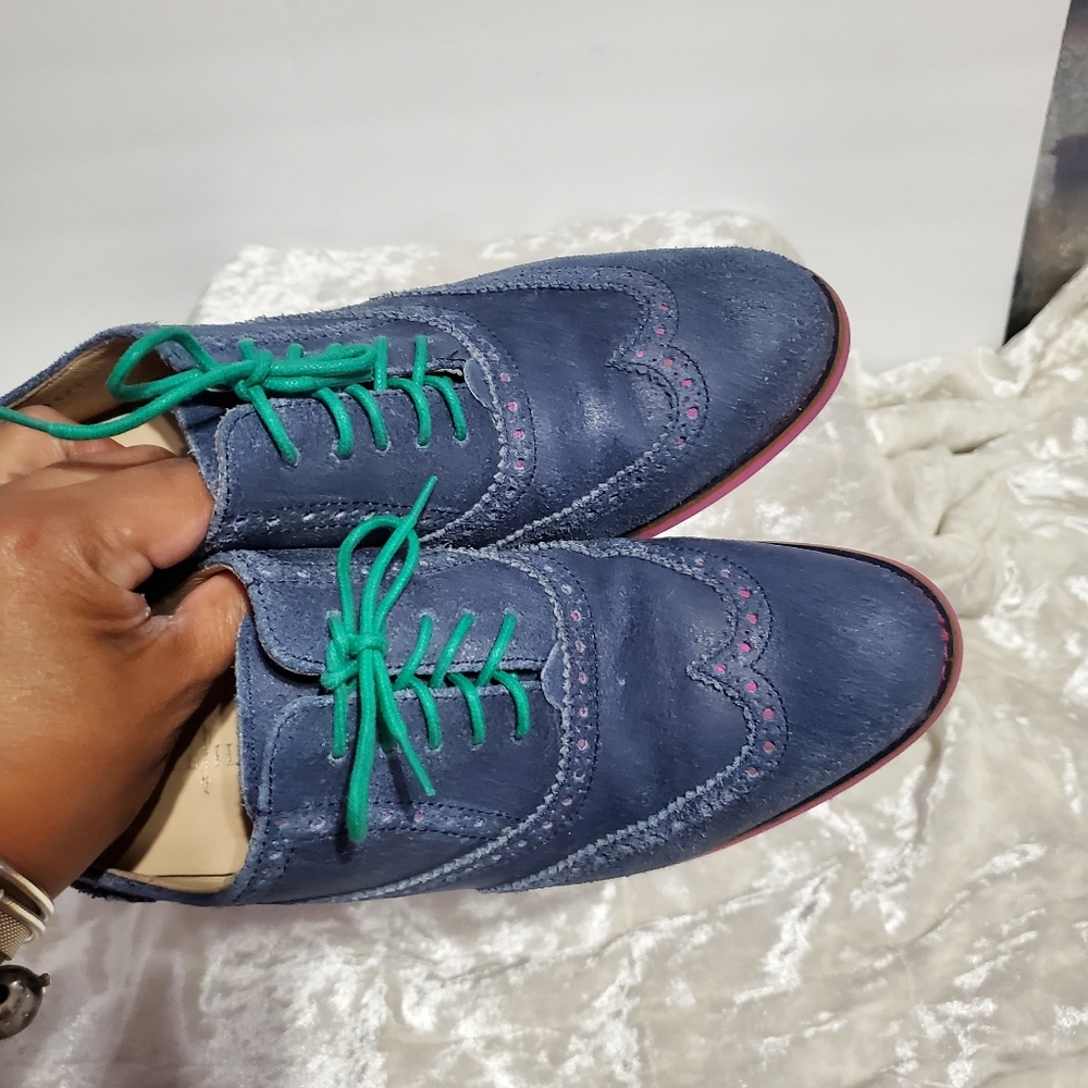 Cole Haan Navy Suede Wingtip Oxfords with Pink Sole and Green Laces - Picture 7 of 8